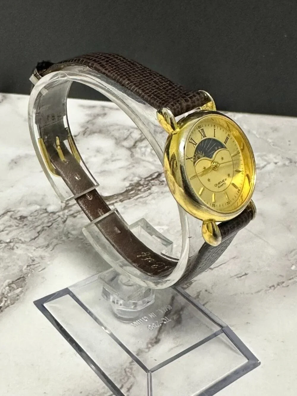 Quemex Moon Phase Womens Watch 19mm Gold Tone  Brown Band New Battery 8.5